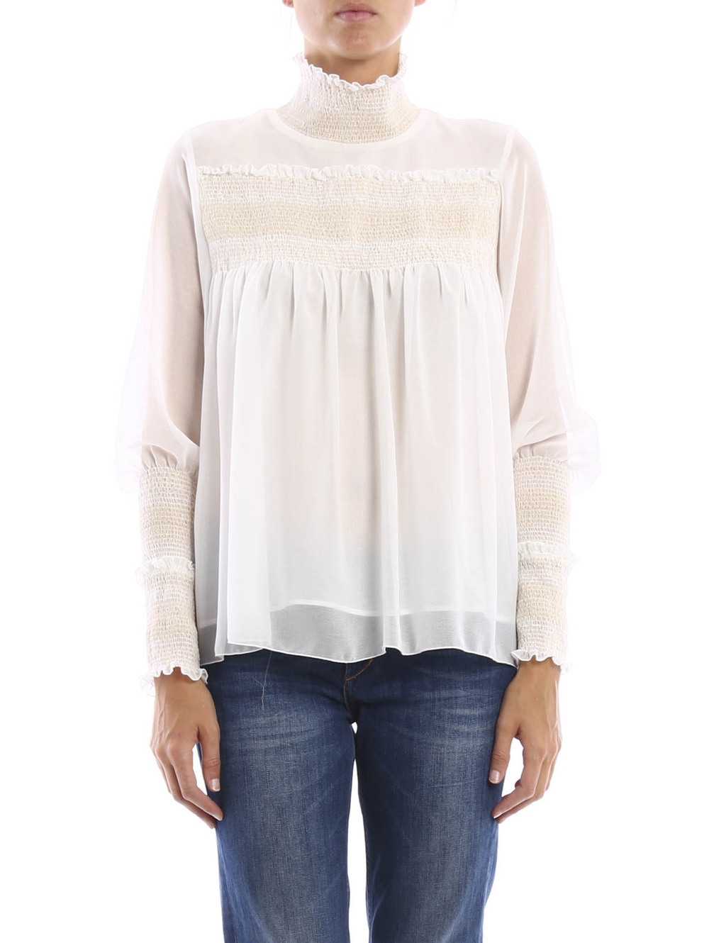 SeeByChloé Off-White Sheer Smocked High-Neck Silk-Blend Blouse